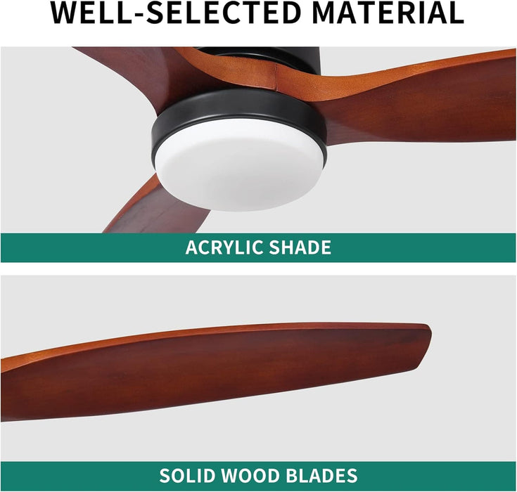 52 in. Walnut Low Profile Ceiling Fan with Light and Remote, Flush Mount Fan, Quiet Ceiling Fans with Lights, Black Outdoor Ceiling Fan-5-ErisView