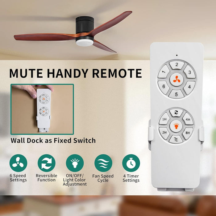 52 in. Walnut Low Profile Ceiling Fan with Light and Remote, Flush Mount Fan, Quiet Ceiling Fans with Lights, Black Outdoor Ceiling Fan-7-ErisView