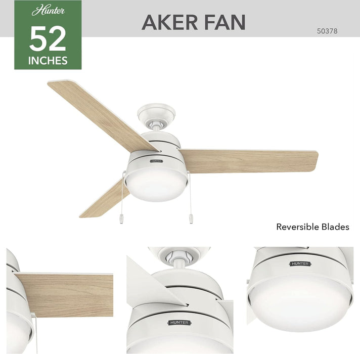52 in. White Ceiling Fan with LED Light Kit and Pull Chain, Ceiling Hugger Ceiling Fan with Light-2-ErisView