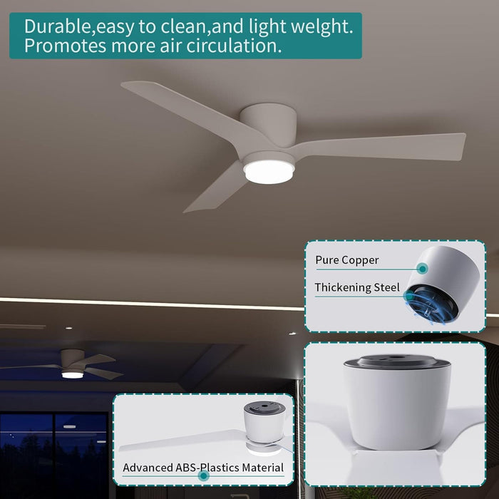 52 in. White Ceiling Fan with Lights and Remote, Ceiling Fan with Low Profile Light, Reversible Quiet Ceiling Fans, 3 Blades Modern Ceiling Fan-2-ErisView