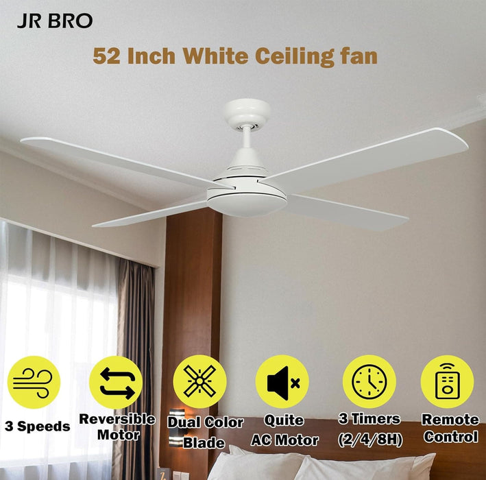 52 in. White Ceiling Fans without Lights, Indoor Outdoor Ceiling Fan with Remote Control for Bedroom Living Room Kitchen Dining Room-2-ErisView