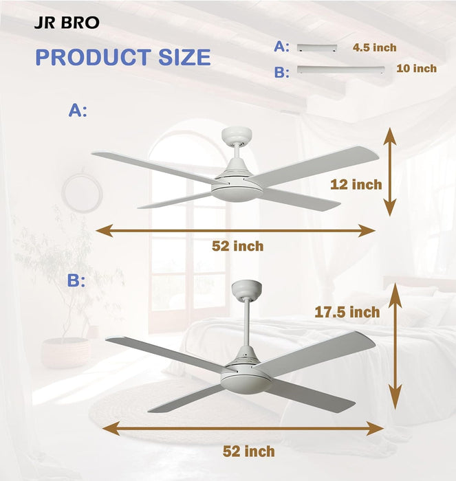52 in. White Ceiling Fans without Lights, Indoor Outdoor Ceiling Fan with Remote Control for Bedroom Living Room Kitchen Dining Room-4-ErisView