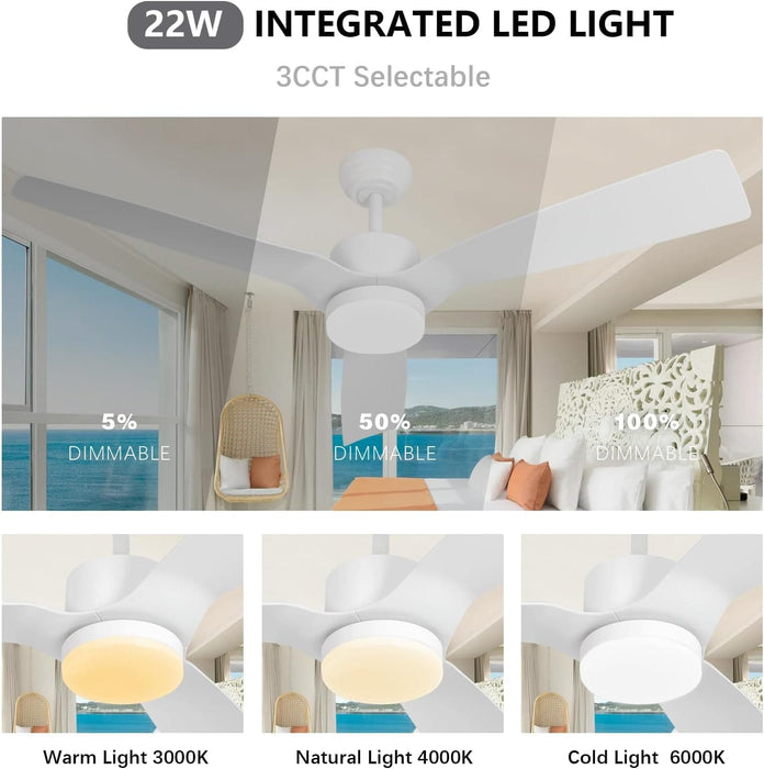 52 in. White Dimmable Reversible DC Ceiling Fan, 5 Blade Ceiling Fan with Light Remote, Indoor Ceiling Fan for Bedroom Kitchen, Outdoor Patio Fan-11-ErisView