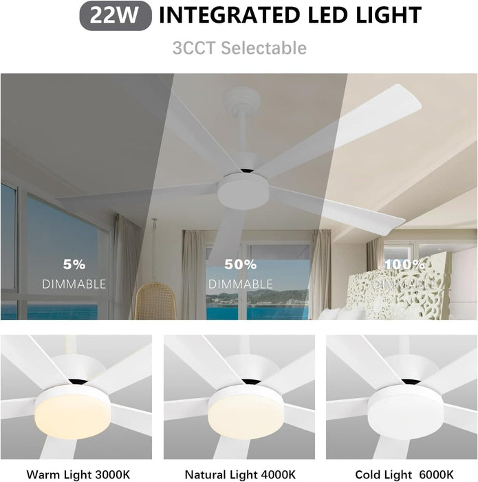 52 in. White Dimmable Reversible DC Ceiling Fan, 5 Blade Ceiling Fan with Light Remote, Indoor Ceiling Fan for Bedroom Kitchen, Outdoor Patio Fan-3-ErisView