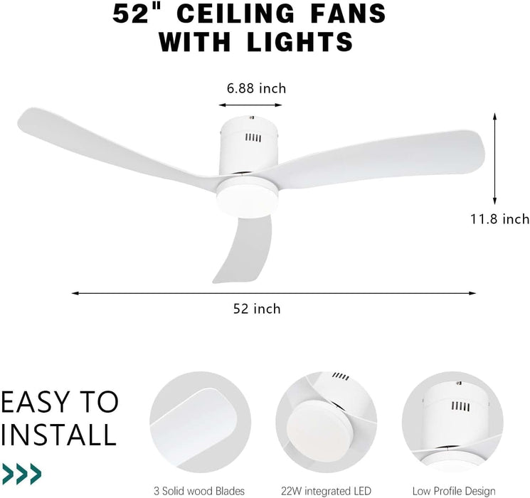 52 in. White Modern Ceiling Fan with Light Remote Control, Reversible Flush Mount Outdoor Patio Ceiling Fan, Farmhouse Ceiling Fan for Bedroom-3-ErisView