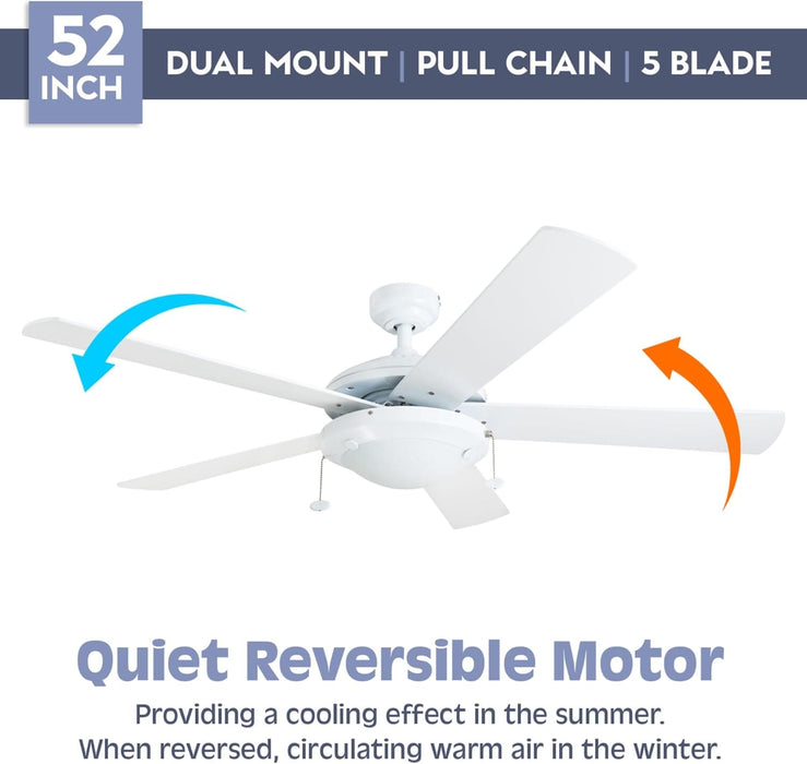 52 in. White Modern LED Ceiling Fan with Light Pull Chain, Reversible Ceiling Fan Winter Summer-4-ErisView