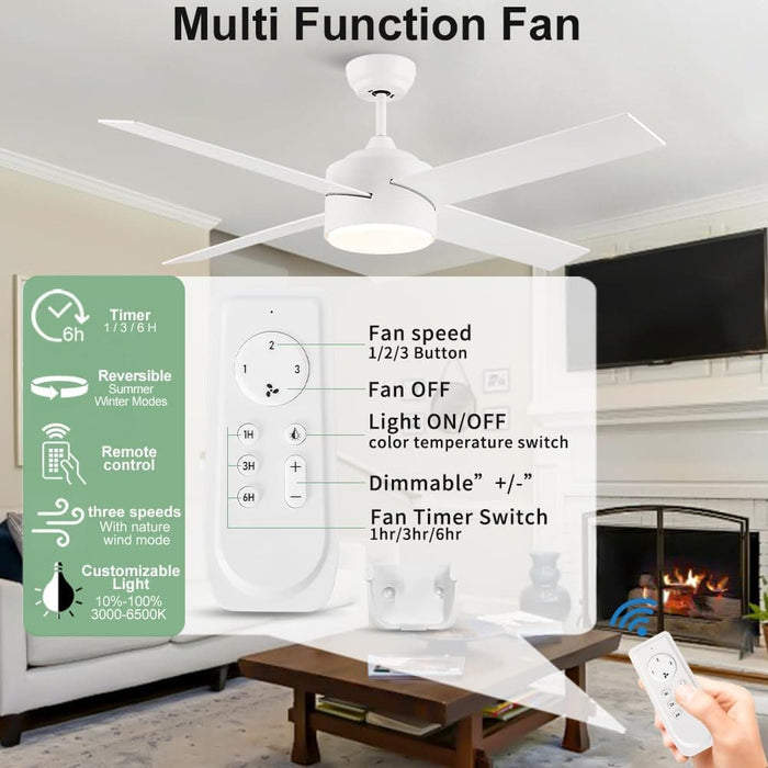 52 in. White Remote Ceiling Fan with Light, Modern Bedroom Ceiling Fans, Kitchen Ceiling Fans, Outdoor Dimmable Reversible Quiet Ceiling Fans-11-ErisView