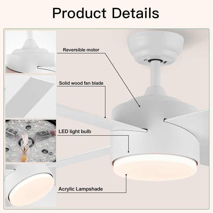 52 in. White Remote Ceiling Fan with Light, Modern Bedroom Ceiling Fans, Kitchen Ceiling Fans, Outdoor Dimmable Reversible Quiet Ceiling Fans-16-ErisView