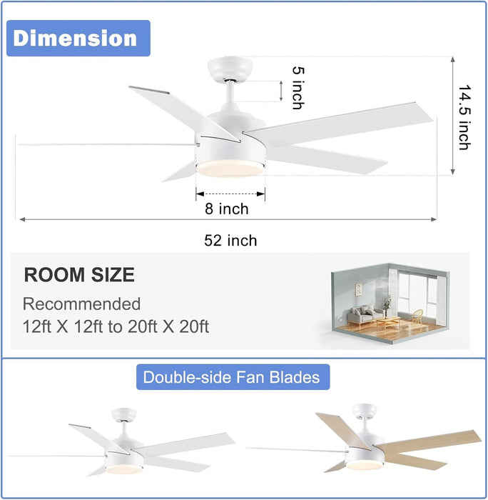 52 in. White Remote Ceiling Fan with Light, Modern Bedroom Ceiling Fans, Kitchen Ceiling Fans, Outdoor Dimmable Reversible Quiet Ceiling Fans-6-ErisView