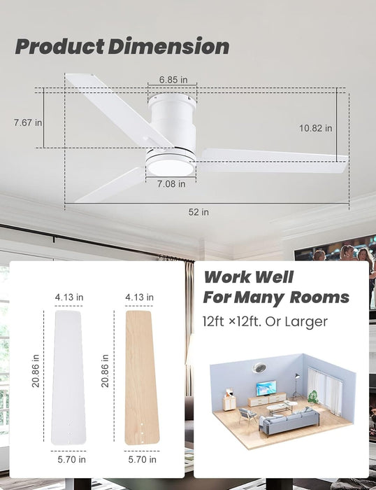 52 in. White Remote Control Ceiling Fan and Light, Flush Mount Reversible Quiet Ceiling Fans, Modern Dimmable Ceiling Fan for Bedroom Living Room -4-ErisView