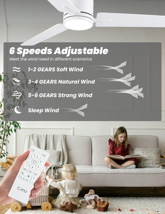 52 in. White Remote Control Ceiling Fan and Light, Flush Mount Reversible Quiet Ceiling Fans, Modern Dimmable Ceiling Fan for Bedroom Living Room -5-ErisView