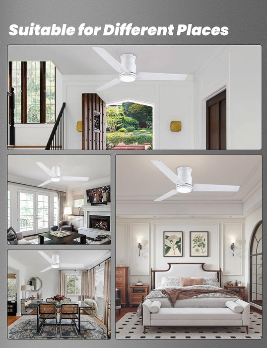 52 in. White Remote Control Ceiling Fan and Light, Flush Mount Reversible Quiet Ceiling Fans, Modern Dimmable Ceiling Fan for Bedroom Living Room -7-ErisView
