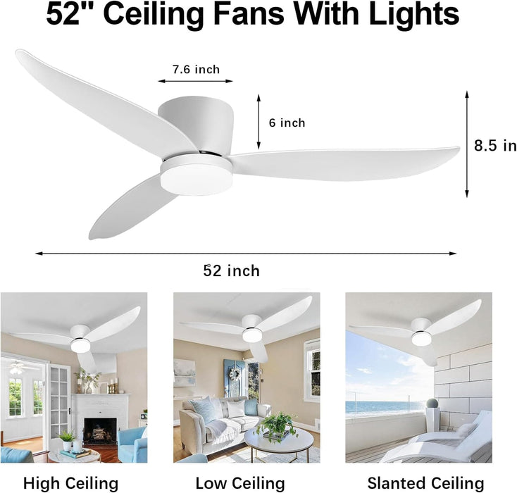 52 in. White Remote Control Ceiling Fan and Light, Modern Flush Mount Ceiling Fan-6-ErisView