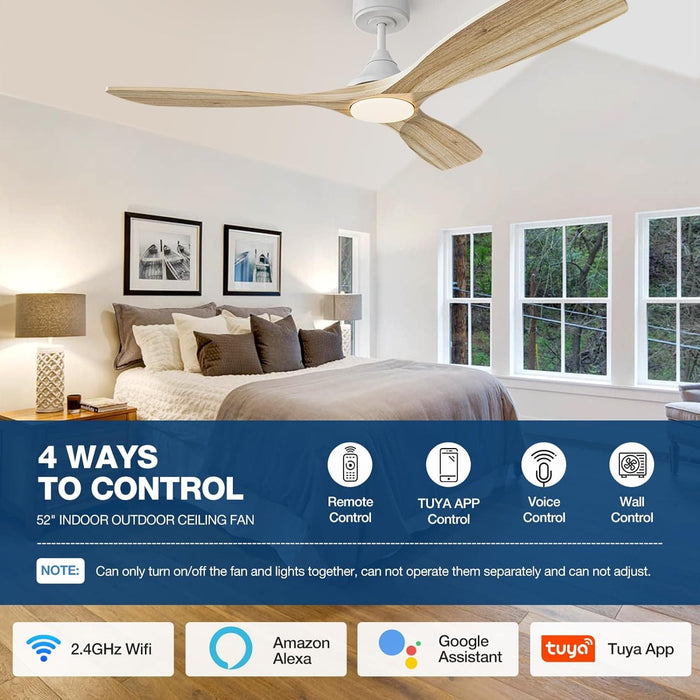 52 in. White Smart Wood Ceiling Fan with Light Remote Alexa Wi-Fi APP Control, Natural Wood Reversible Quiet Ceiling Fans, Dimmable High Speed Ceiling Fan-3-ErisView