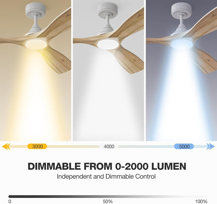 52 in. White Smart Wood Ceiling Fan with Light Remote Alexa Wi-Fi APP Control, Natural Wood Reversible Quiet Ceiling Fans, Dimmable High Speed Ceiling Fan-4-ErisView