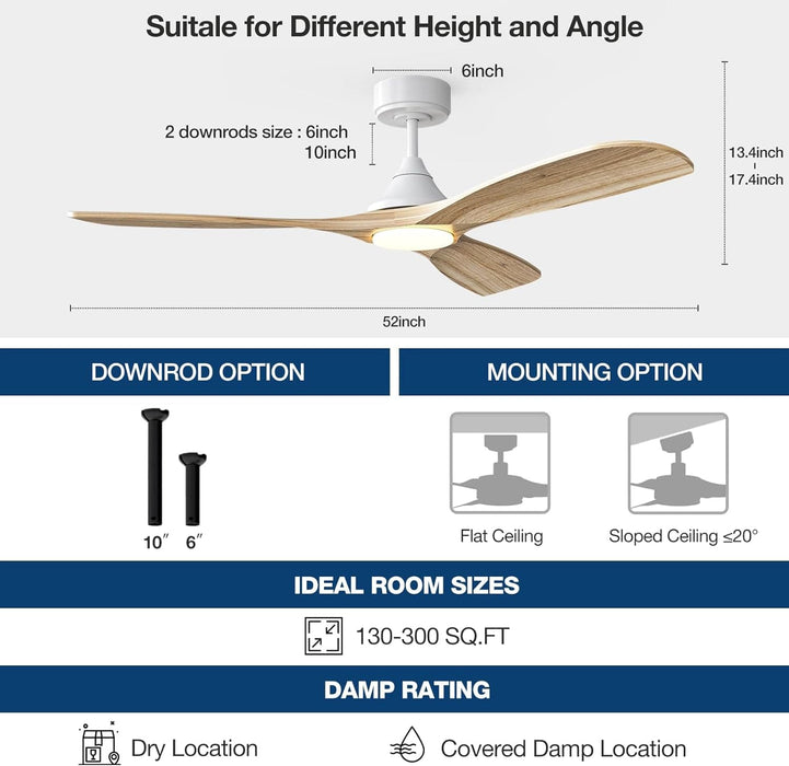 52 in. White Smart Wood Ceiling Fan with Light Remote Alexa Wi-Fi APP Control, Natural Wood Reversible Quiet Ceiling Fans, Dimmable High Speed Ceiling Fan-7-ErisView