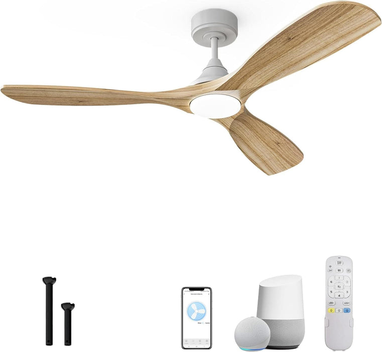 52 in. White Smart Wood Ceiling Fan with Light Remote Alexa Wi-Fi APP Control, Natural Wood Reversible Quiet Ceiling Fans, Dimmable High Speed Ceiling Fan-1-ErisView