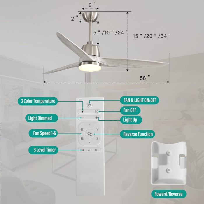 52 in. Wood Ceiling Fan NO Light, 3 Blades Ceiling Fan with Remote, Quiet Energy Efficient Ceiling Fans-20-ErisView
