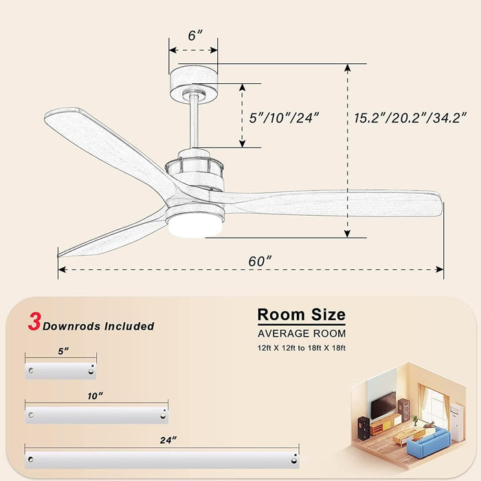 52 in. Wood Ceiling Fan NO Light, 3 Blades Ceiling Fan with Remote, Quiet Energy Efficient Ceiling Fans-48-ErisView