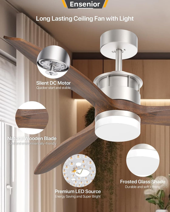 52 in. Wood Ceiling Fan with Light and Remote Control, Modern Silent Reversible Ceiling Fan for Bedroom Living Room-12-ErisView