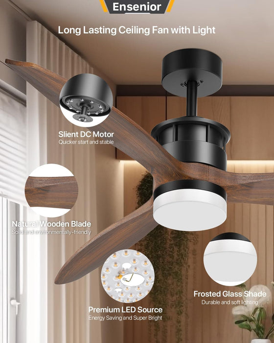 52 in. Wood Ceiling Fan with Light and Remote Control, Modern Silent Reversible Ceiling Fan for Bedroom Living Room-5-ErisView