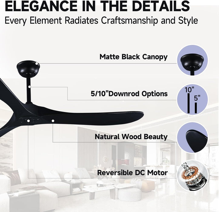 52 in. Wood Ceiling Fan with Remote, 3 Blade Ceiling Fans without Lights for Indoor Outdoor Use, Modern Silent Outdoor Ceiling Fan-10-ErisView