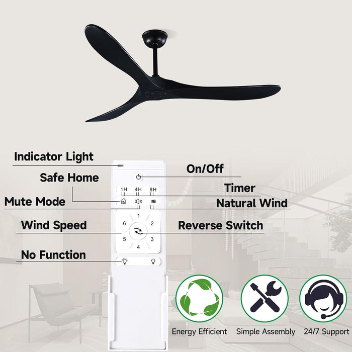 52 in. Wood Ceiling Fan with Remote, 3 Blade Ceiling Fans without Lights for Indoor Outdoor Use, Modern Silent Outdoor Ceiling Fan-11-ErisView