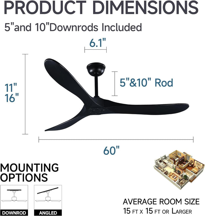 52 in. Wood Ceiling Fan with Remote, 3 Blade Ceiling Fans without Lights for Indoor Outdoor Use, Modern Silent Outdoor Ceiling Fan-13-ErisView