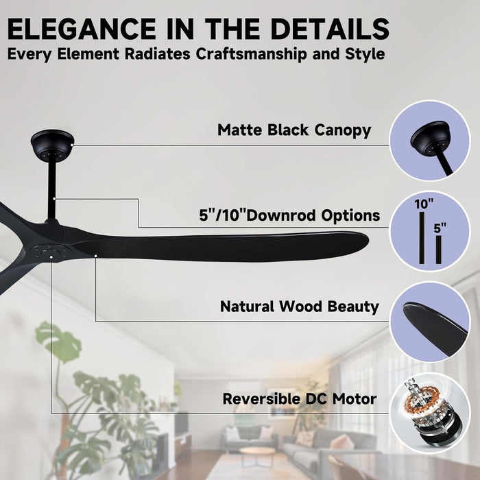 52 in. Wood Ceiling Fan with Remote, 3 Blade Ceiling Fans without Lights for Indoor Outdoor Use, Modern Silent Outdoor Ceiling Fan-17-ErisView