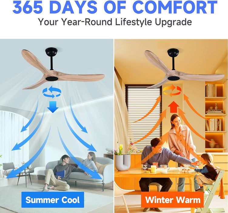 52 in. Wood Ceiling Fan with Remote, 3 Blade Ceiling Fans without Lights for Indoor Outdoor Use, Modern Silent Outdoor Ceiling Fan-2-ErisView