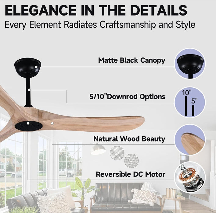 52 in. Wood Ceiling Fan with Remote, 3 Blade Ceiling Fans without Lights for Indoor Outdoor Use, Modern Silent Outdoor Ceiling Fan-3-ErisView