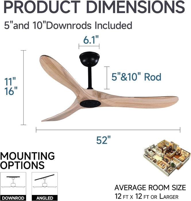 52 in. Wood Ceiling Fan with Remote, 3 Blade Ceiling Fans without Lights for Indoor Outdoor Use, Modern Silent Outdoor Ceiling Fan-6-ErisView