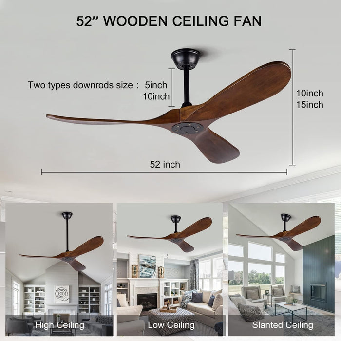 52 in. Wood Ceiling Fan with Remote for Living Room, Walnut Ceiling Fans without Lights, Outdoor Fan for Porch Patio, Ceiling Fan for Sloped Ceiling-2-ErisView
