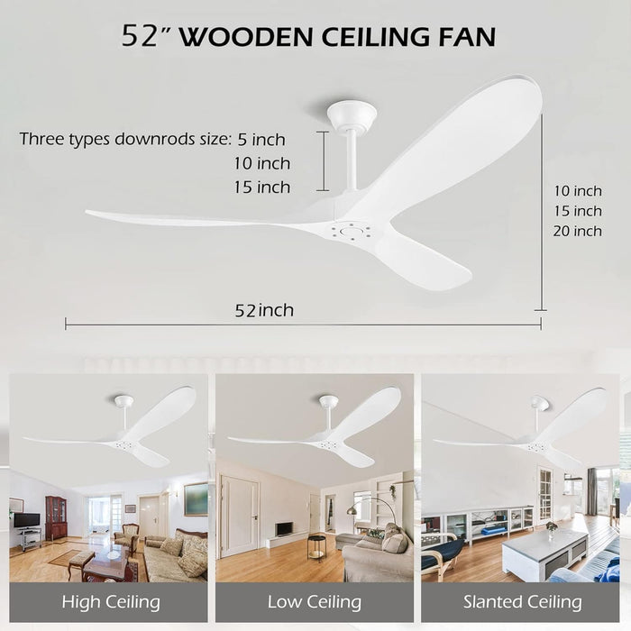 52 in. Wood Ceiling Fan without Lights, 3 Blade Ceiling Fan with Remote Control, Indoor Outdoor Ceiling Fan for Patio Bedroom Living Room-2-ErisView