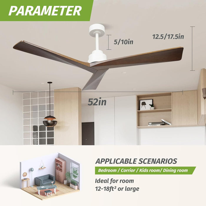 52 in. Wood Ceiling Fans without Lights, 3 Blade Ceiling Fan NO Light, Farmhouse Outdoor Ceiling Fans with Remote for Patio -25-ErisView