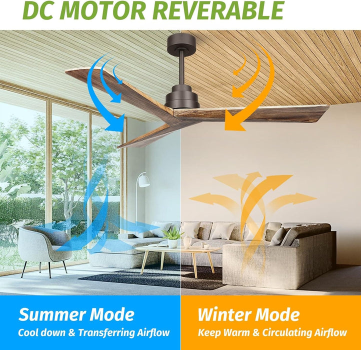 52 in. Wood Ceiling Fans without Lights, 3 Blade Ceiling Fan NO Light, Farmhouse Outdoor Ceiling Fans with Remote for Patio -28-ErisView