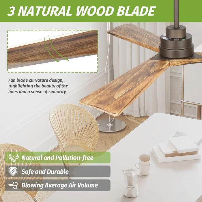 52 in. Wood Ceiling Fans without Lights, 3 Blade Ceiling Fan NO Light, Farmhouse Outdoor Ceiling Fans with Remote for Patio -31-ErisView