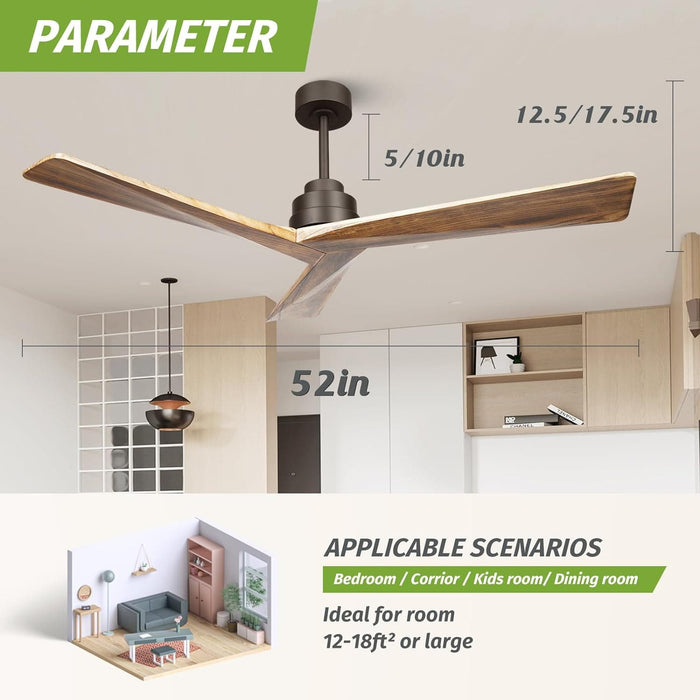 52 in. Wood Ceiling Fans without Lights, 3 Blade Ceiling Fan NO Light, Farmhouse Outdoor Ceiling Fans with Remote for Patio -32-ErisView