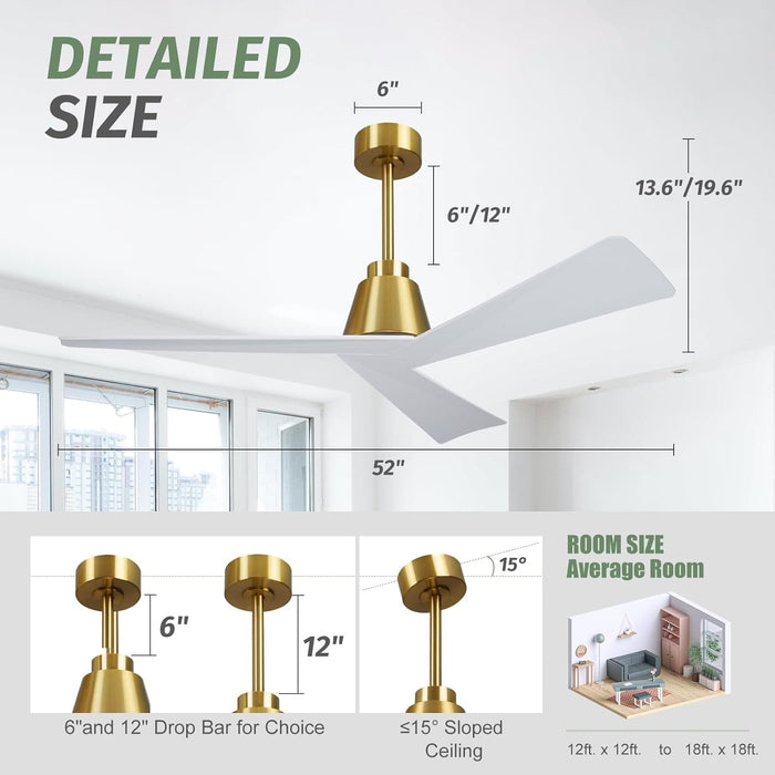 52 in. Wood Ceiling Fans without Lights, 3 Blade Ceiling Fan NO Light, Farmhouse Outdoor Ceiling Fans with Remote for Patio -37-ErisView