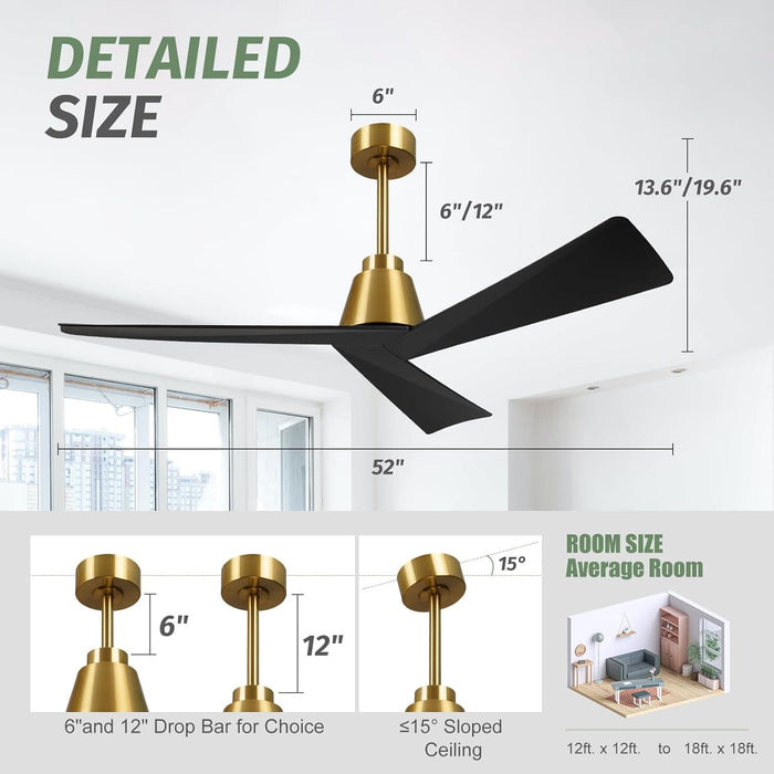 52 in. Wood Ceiling Fans without Lights, 3 Blade Ceiling Fan NO Light, Farmhouse Outdoor Ceiling Fans with Remote for Patio -52-ErisView