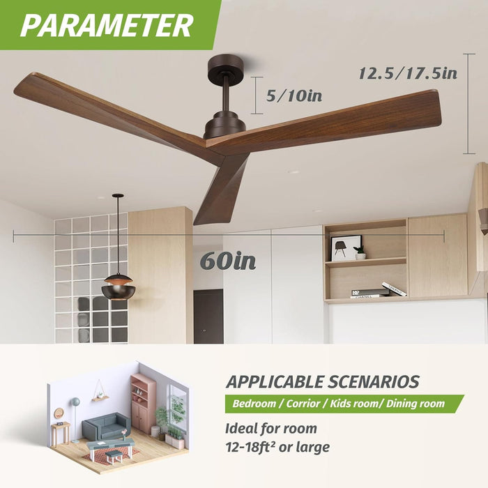 52 in. Wood Ceiling Fans without Lights, 3 Blade Ceiling Fan NO Light, Farmhouse Outdoor Ceiling Fans with Remote for Patio -58-ErisView