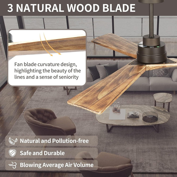 52 in. Wood Ceiling Fans without Lights, 3 Blade Ceiling Fan NO Light, Farmhouse Outdoor Ceiling Fans with Remote for Patio -61-ErisView