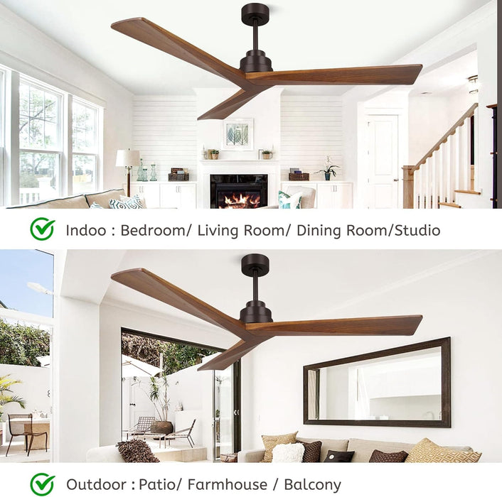 52 in. Wood Ceiling Fans without Lights, 3 Blade Ceiling Fan NO Light, Farmhouse Outdoor Ceiling Fans with Remote for Patio -63-ErisView