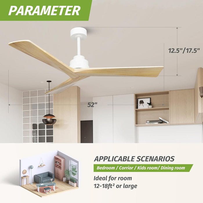 52 in. Wood Ceiling Fans without Lights, 3 Blade Ceiling Fan NO Light, Farmhouse Outdoor Ceiling Fans with Remote for Patio -6-ErisView