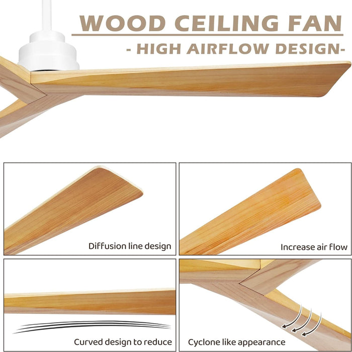52 in. Wood Ceiling Fans without Lights, 3 Blade Ceiling Fan NO Light, Farmhouse Outdoor Ceiling Fans with Remote for Patio -70-ErisView