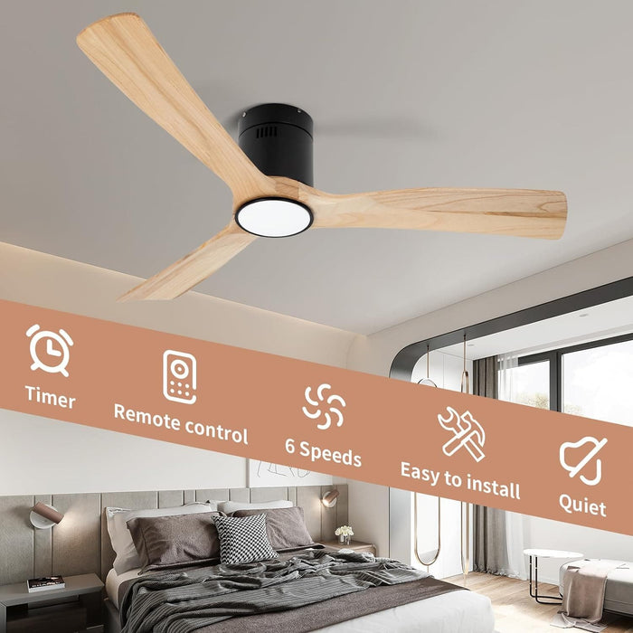 52 in. Wood Flush Mount Remote Control Ceiling Fan and Light, Reversible Quiet Natural Wood Ceiling Fans-2-ErisView
