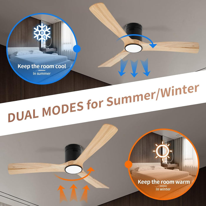 52 in. Wood Flush Mount Remote Control Ceiling Fan and Light, Reversible Quiet Natural Wood Ceiling Fans-4-ErisView