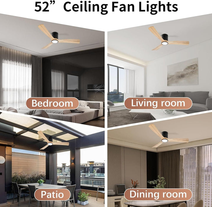 52 in. Wood Flush Mount Remote Control Ceiling Fan and Light, Reversible Quiet Natural Wood Ceiling Fans-6-ErisView
