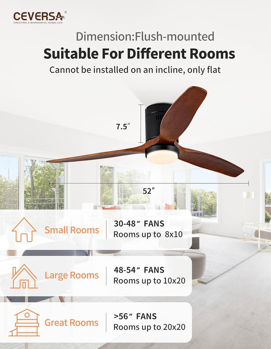 52 in. Wood Low Profile Ceiling Fan with Light and Remote, 3 Blades Flush Mount Ceiling Fan for Living Room Bedroom Dining Room-3-ErisView