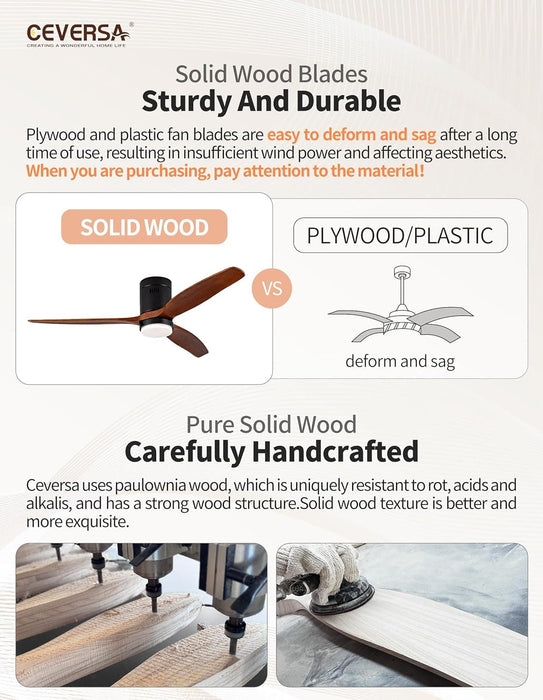 52 in. Wood Low Profile Ceiling Fan with Light and Remote, 3 Blades Flush Mount Ceiling Fan for Living Room Bedroom Dining Room-4-ErisView